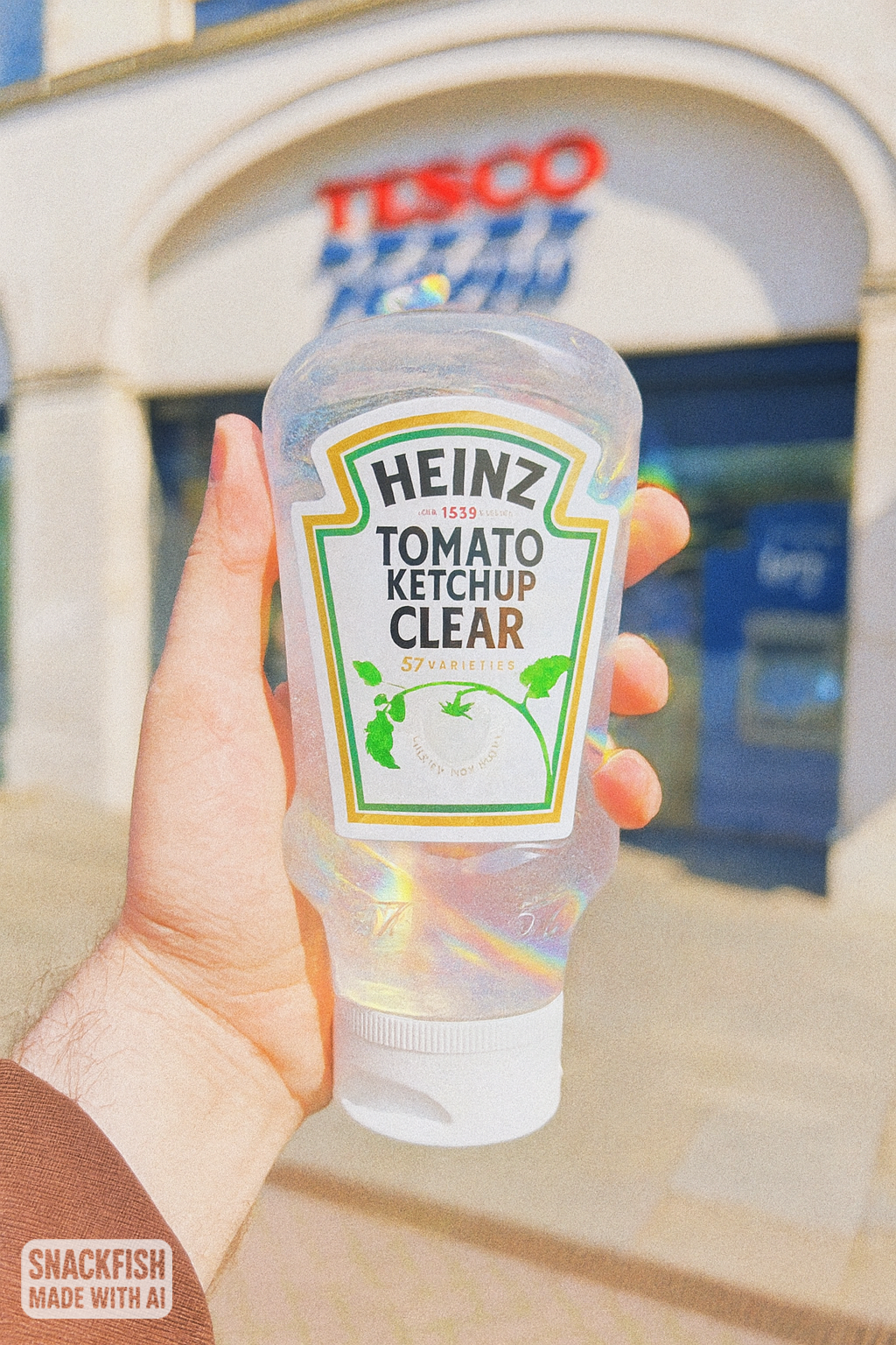 Demonstration of a clear ketchup snackfish with a watermark bottom left